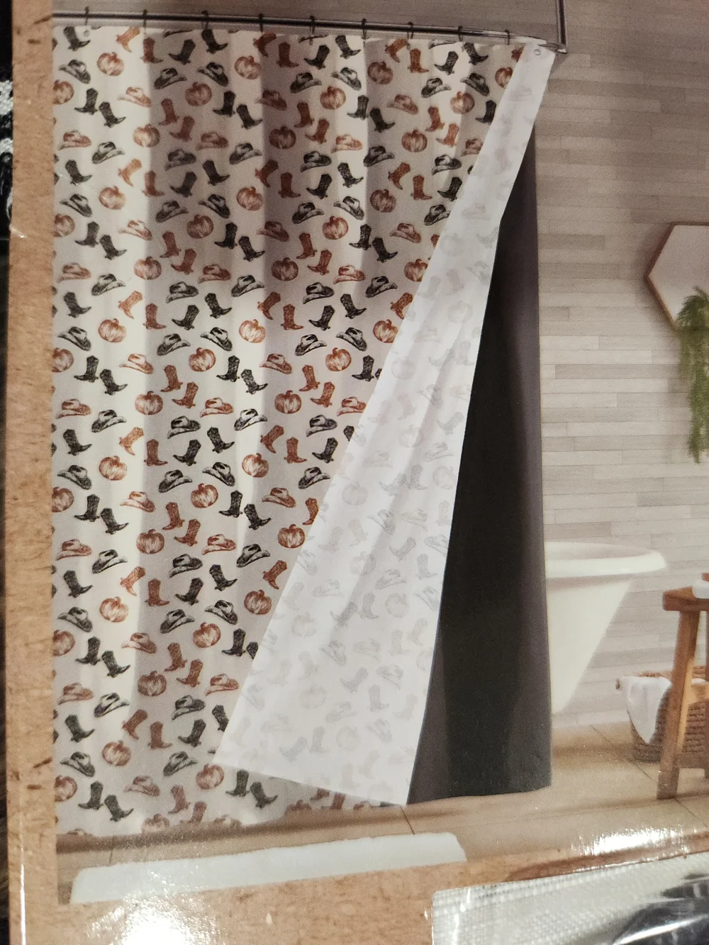 Wrangler White Shower Curtain with Orange Pumkins, Hats & Black Boots